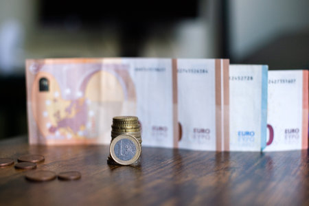 A stack of euro coins stands against the background of paper banknotes of different denominationsの写真素材