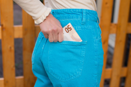 A woman's hand puts a large sum of money in the pocket of blue jeansの写真素材