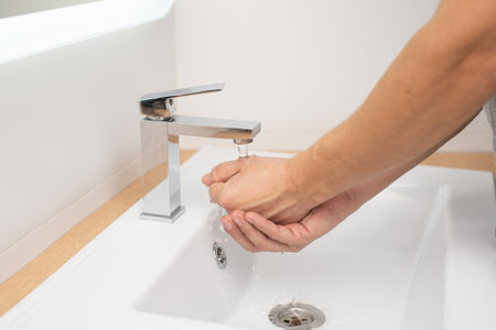 Men's hands under a stream of water in the washbasinの写真素材