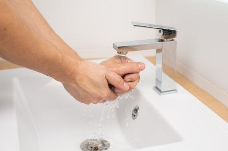 Men's hands under a stream of water in the washbasinの写真素材