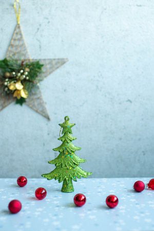 Christmas decor for home, Christmas toys, small green Christmas treeの写真素材
