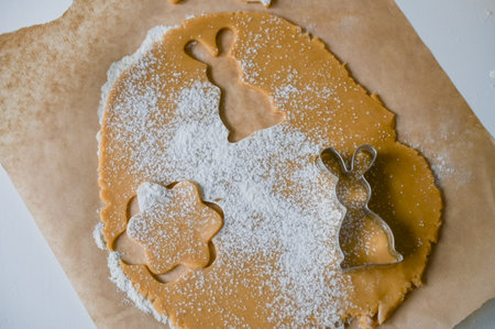 Gingerbread dough in flour on parchment with a hare moldの写真素材