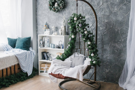 Christmas Decor Swing with Pillow with Christmas Ballsの写真素材