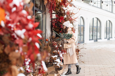 A stylish young woman with branches of nobilis looks into the windows of Christmas shopsの写真素材
