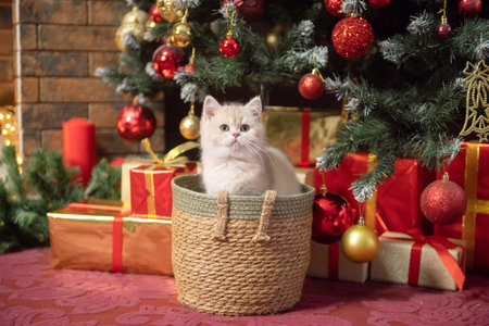 Cute British shorthair kitten sitting in a basket under the Christmas tree with toys and gifts red and goldの写真素材