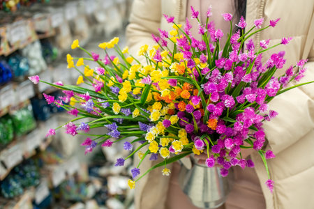 Women's hands hold a metal vase with artificial flowers in the storeの写真素材