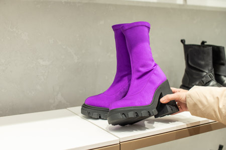 The buyer's hands put women's burgundy heeled boots in the storeの写真素材