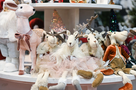 Christmas stuffed deer toys on the supermarket shelfの写真素材