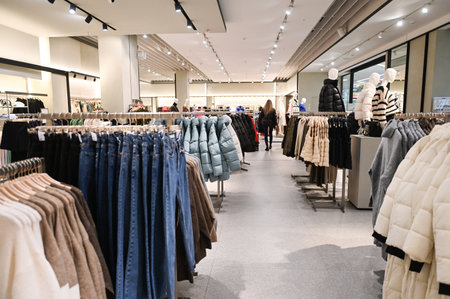 A set of beige clothes in the store on the shelf. Pants are hanging on a hangerの写真素材