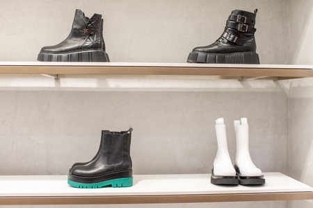 On the shelf in the store there are women's shoes, warm shoesの写真素材