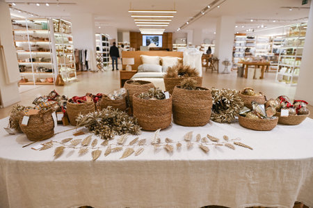 The range of products in the store. The trading floor is decorated for the holidaysの写真素材