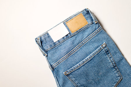 A pair of new denim trousers on a white background. blue denim. fashionable minimalistic concept. space for text, flat layout.の写真素材