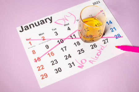 A crossed-out calendar for January, a month without alcohol, a glass of whiskeyの写真素材