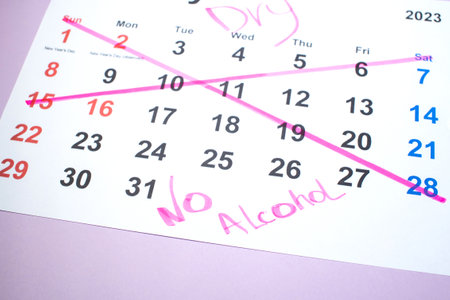 A month without alcohol, the calendar for January is crossed out with a red markerの写真素材