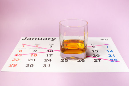 Calendar for January, a month without alcohol, a glass of whiskeyの写真素材