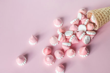 Scattered pink and white decor for baking, meringue , advertising spaceの写真素材