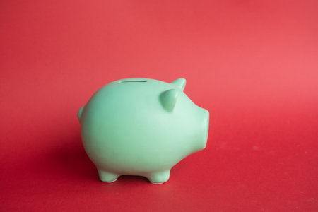 Blue piggy bank in the form of a piglet on a red backgroundの写真素材