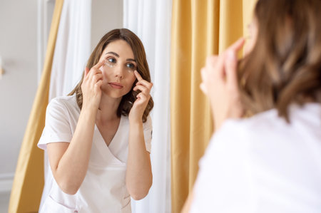 A cute girl looks in the mirror and applies eye cream with white dotsの写真素材