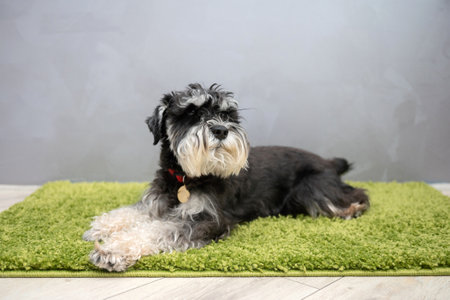 A black and silver Schnauzer with a badge on its collar is lying on the carpet near the doorの写真素材