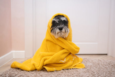 A black and silver schnauzer is sitting on the carpet drying under a yellow towel after a bathの写真素材