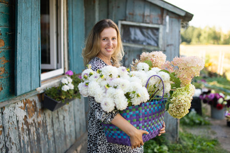 A girl in a dress with a basket of dahlia flowers stands near a house in the village and smilesの写真素材