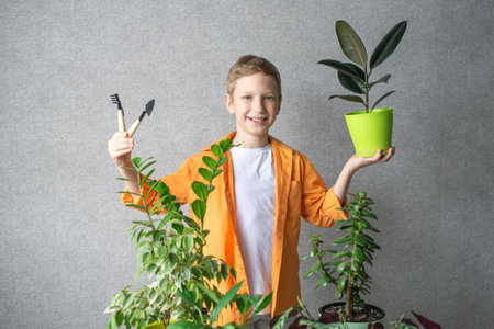 A cute agronomist boy stands with indoor plants and a soil care toolの写真素材