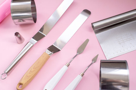Professional spatula set for quick glazing of large cakes. starter kit for decorating a cake. Confectioner's tools, spatulas for confectionery, metal biscuit ring, silicone mat. close-upの写真素材