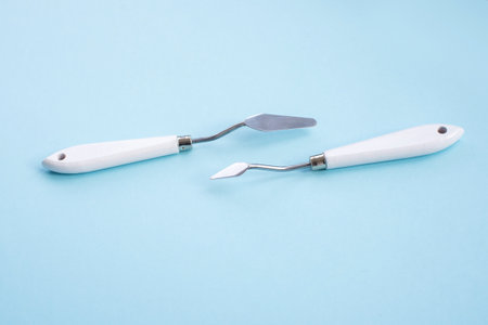 A set of palette knives with a white handle, teardrop shape for creating leaves and petals. spatula for cakes, scraper for drawingの写真素材