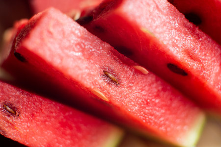 Sliced ripe watermelon with seeds close-upの写真素材
