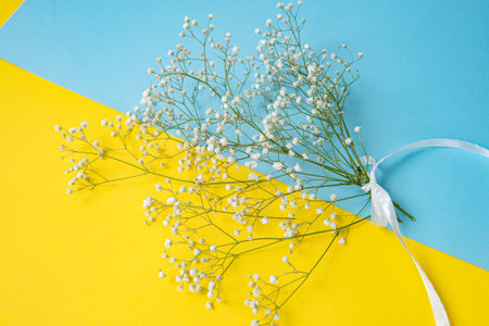 A bouquet of gypsophila with a white satin ribbon lies on a bright blue and yellow colored tableの写真素材