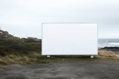 Layout of a white outdoor advertising poster on the beach. place for textの素材