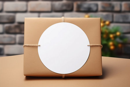 Mock-up of a white round sticker on a craft package with a gift.の素材