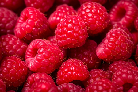 Ripe red raspberries close-up, background. light directionの素材