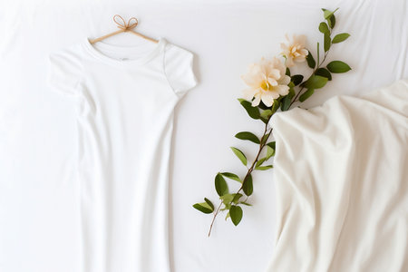 A mock-up of a white T-shirt is hanging on a hanger. A bouquet of flowers near a white T-shirtの素材