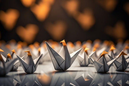 Origami paper figures in the form of birds. light directionの素材