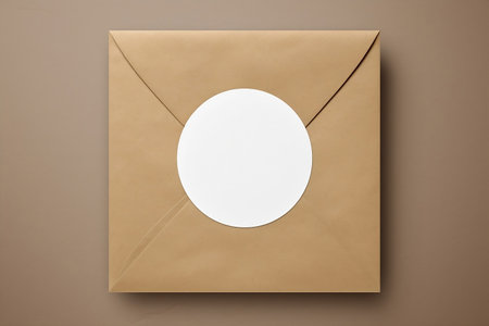 Mock-up of a white round sticker on a craft package with a gift.の素材