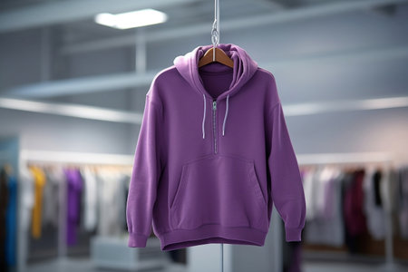 A mock-up of a purple oversize hoodie with a hood and a pocket with a lock is hanging on a hangerの素材