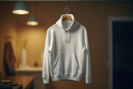 Mock-up of a white oversize hoodie with a hood and pocket hanging on a hangerの素材
