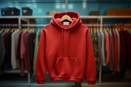 A mock-up of a red oversize hoodie with a hood and pocket hanging on a hanger in the storeの素材