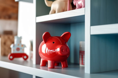 The red piggy bank is on the shelf near the booksの素材