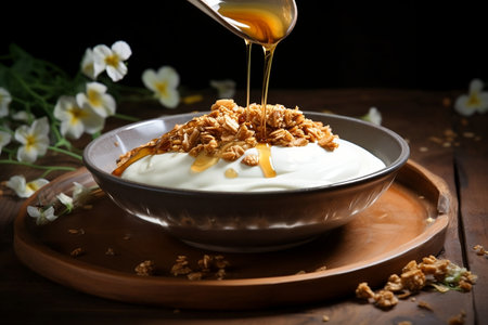 Granola in a plate with yogurt and honey .The concept of proper nutrition. Dry breakfastの素材