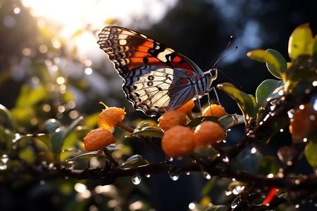 The butterfly is sitting on a yellow flower, in the background lightの素材