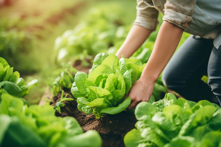 A woman plucks cabbage from the soil, green leavesの素材