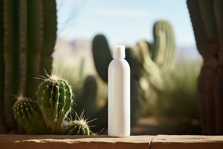A mock-up of a white shampoo and cosmetics jar near a cactusの素材
