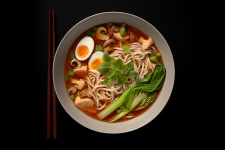 Soup with noodles, chicken, mushrooms and eggs with herbs. traditional thai foodの素材