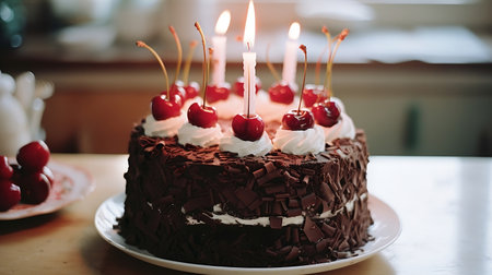 Festive chocolate layered cake with cherries and candles with fire. Cake for the holidayの素材