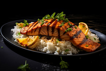 Grilled salmon steak lies on rice and lemon. thai foodの素材