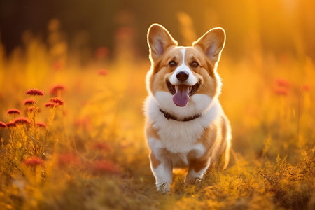 A corgi dog runs with its tongue sticking out along a path in the forestの素材