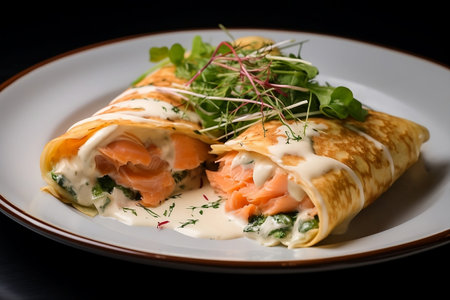 French crepe with salmon and herbs on a plate in a cafeの素材