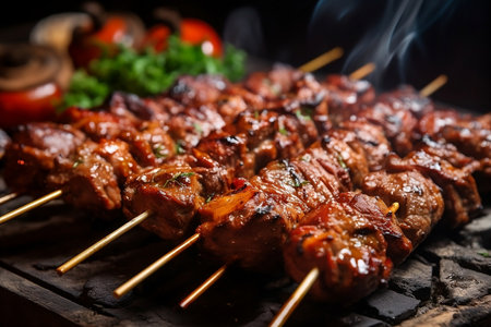 Kebabs on skewers on fire with vegetablesの素材